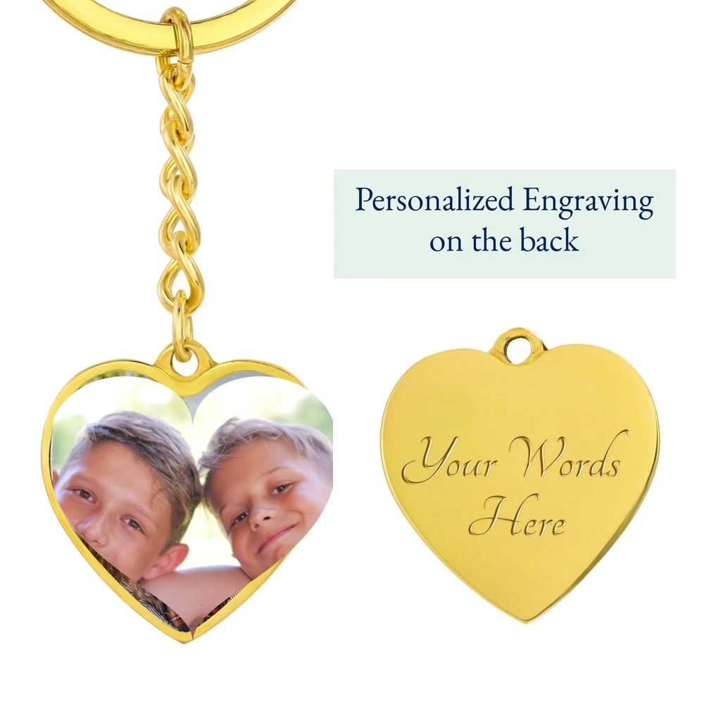 Gold photo heart keychain with engraved back