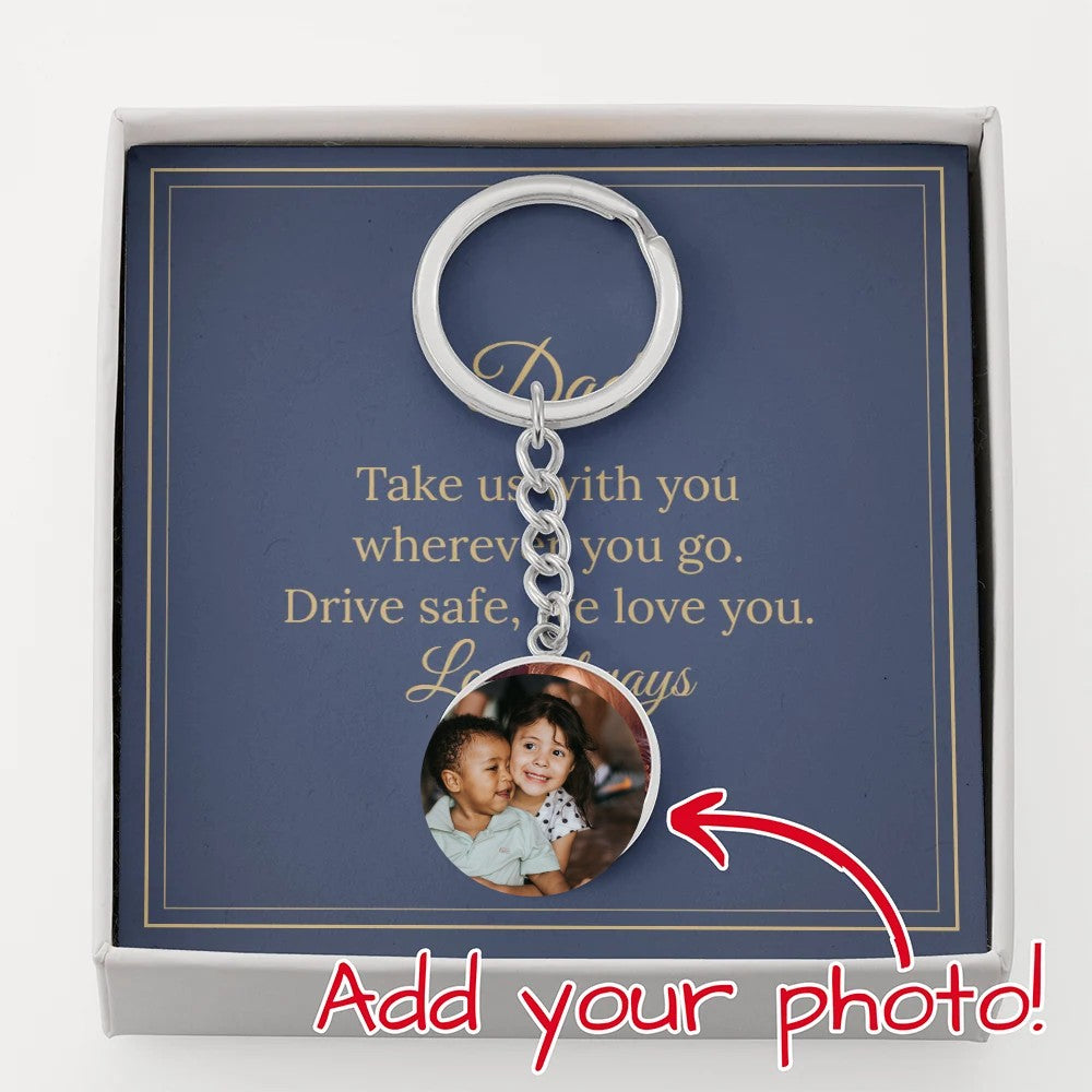 Silver photo keychain for Dad in gift box