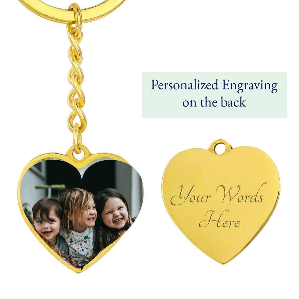 Gold photo heart keychain with engraved back