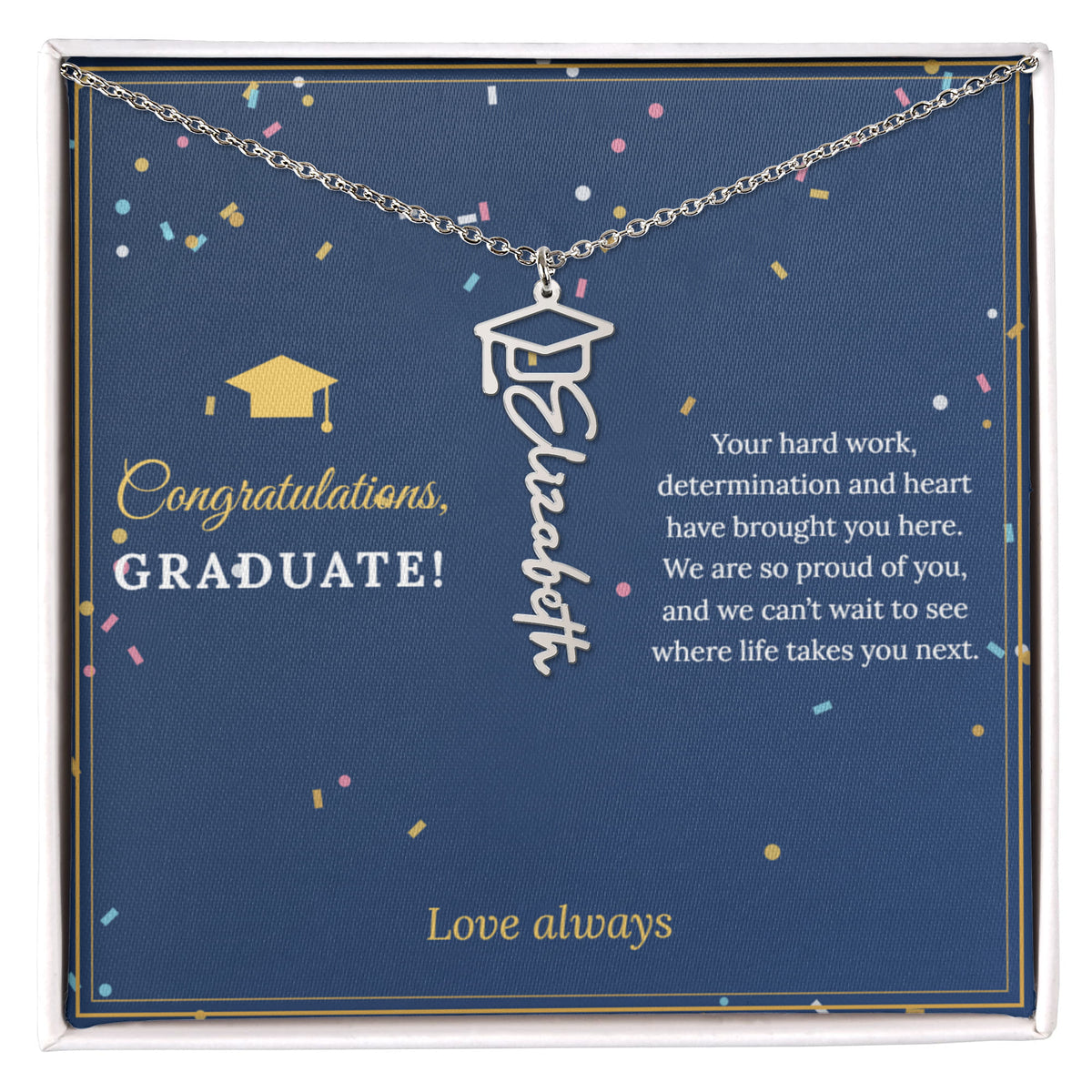 Graduation cap name necklace on a Congratulations Graduate message card