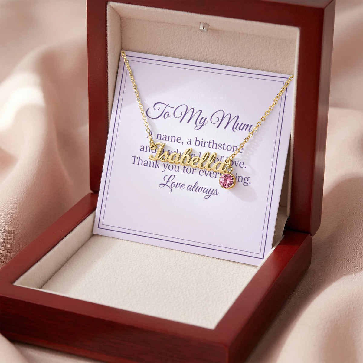 Personalised Name Necklace with Birthstone – Mum
