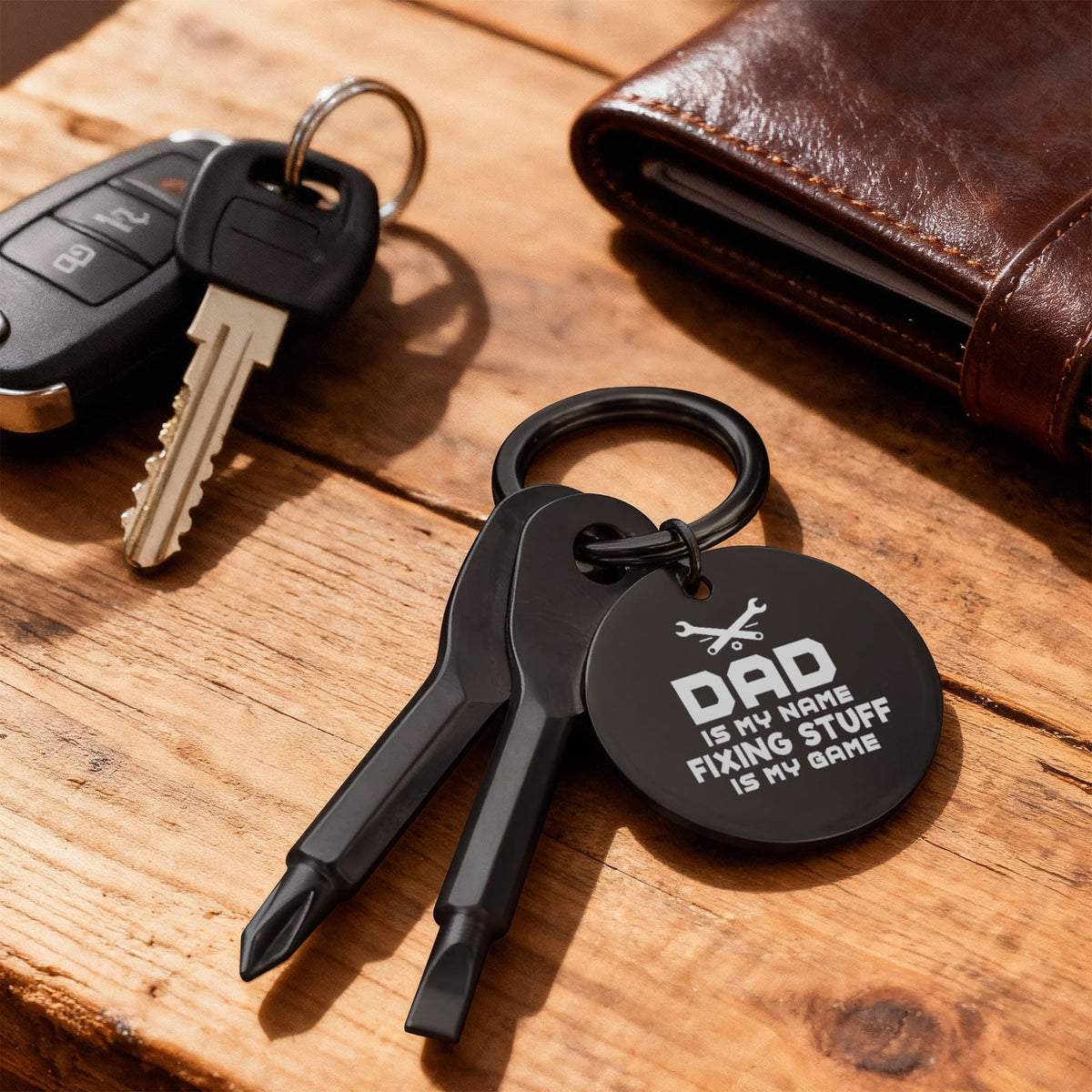 "Dad Is My Name, Fixing Stuff Is My Game" Personalised Screwdriver Keychain