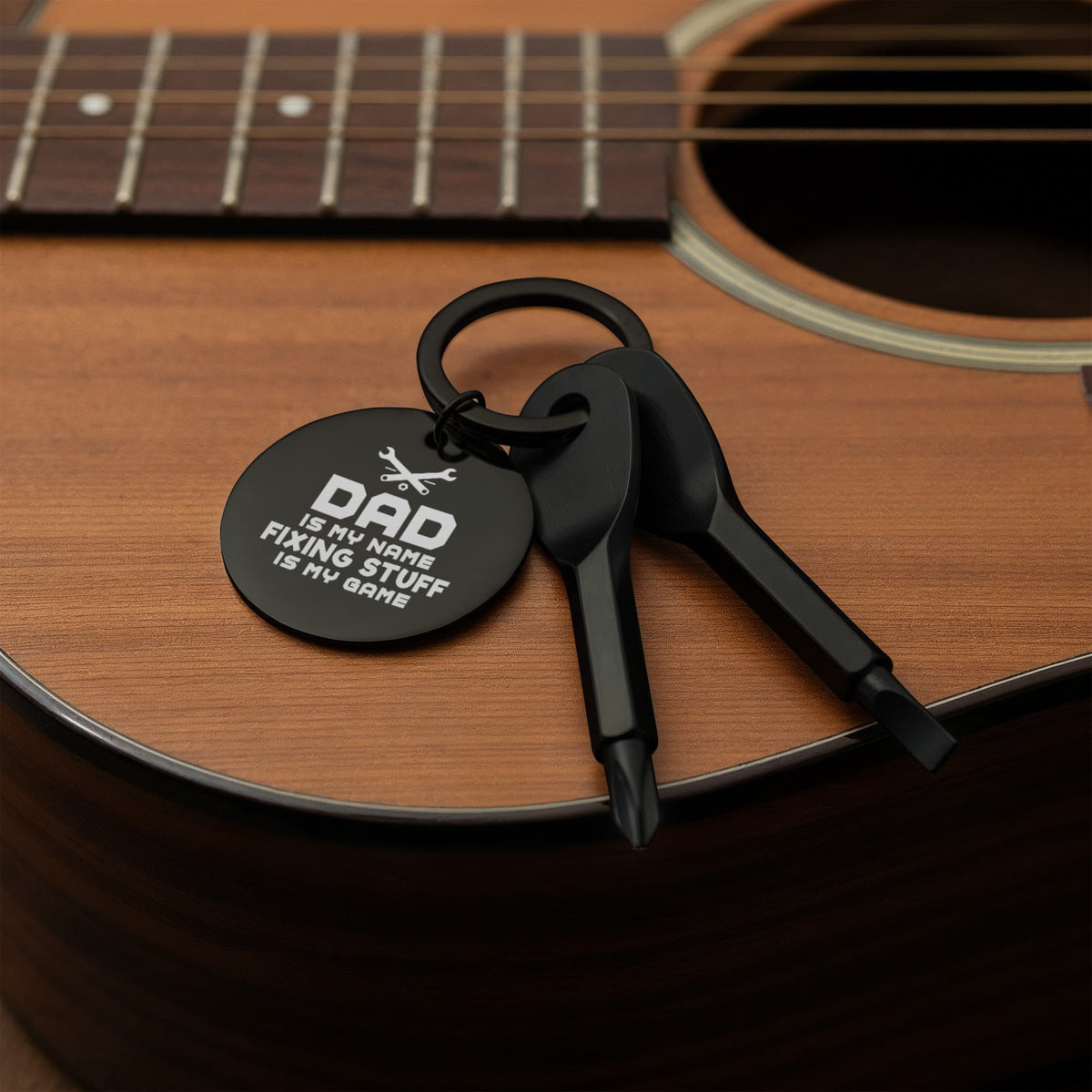 "Dad Is My Name, Fixing Stuff Is My Game" Personalised Screwdriver Keychain