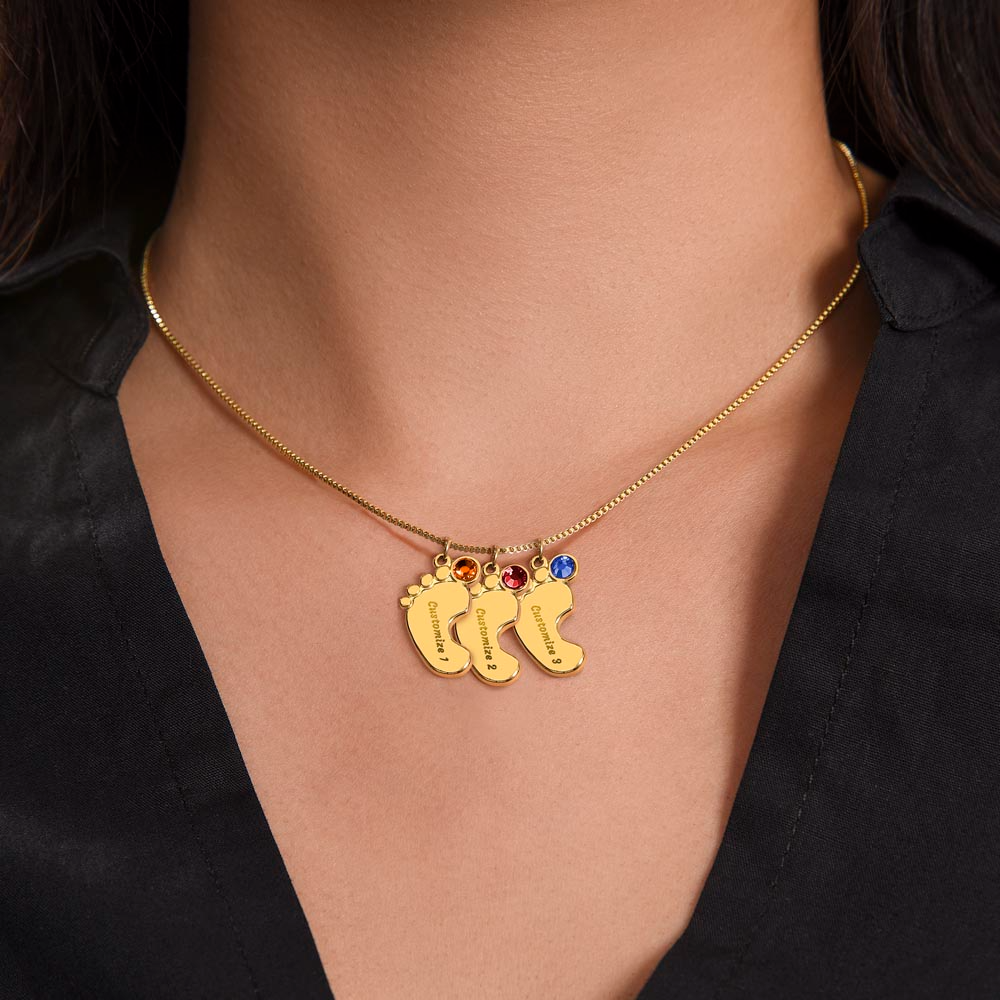 Engraved Baby Feet Necklace with Birthstone – Mum
