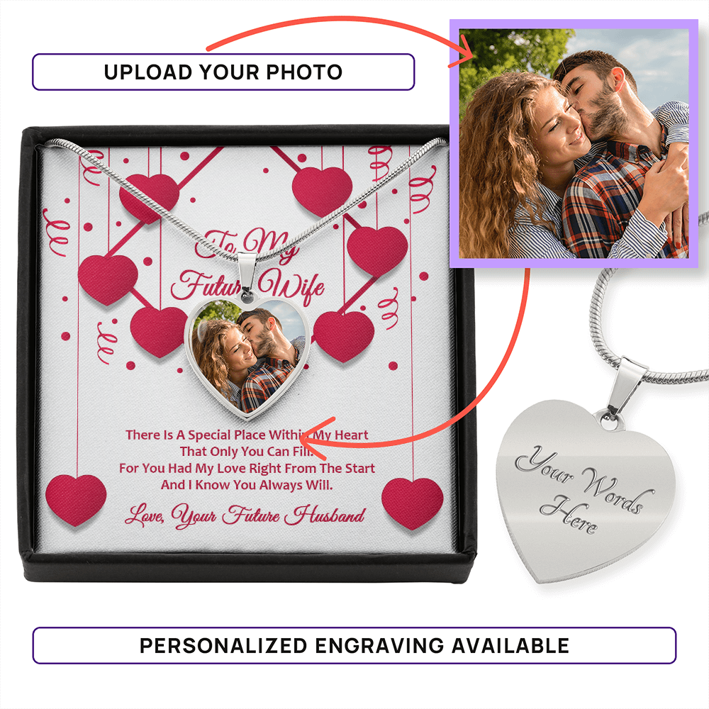 Photo Memory Heart Necklace - Future Wife - Red Ribbons