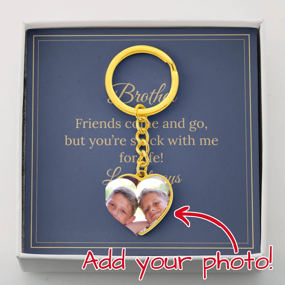 Gold photo heart keychain for a brother in gift box