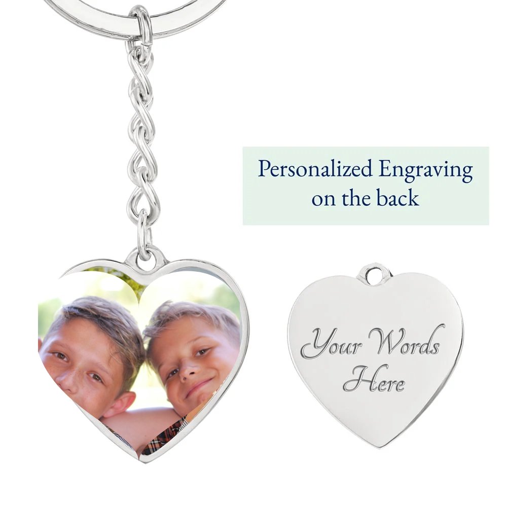 Silver photo heart keychain for a brother with engraved back