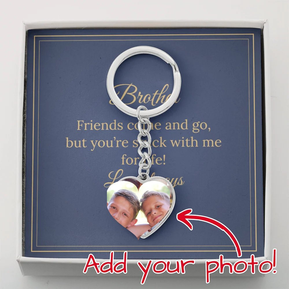 Silver photo heart keychain for a brother in gift box