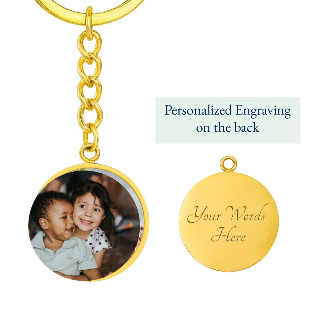 Gold photo keychain with engraved back