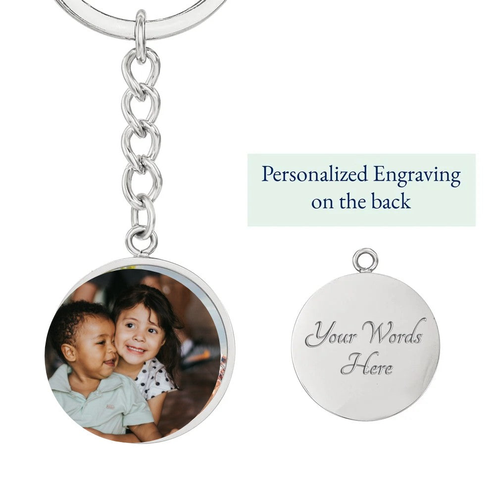 Silver photo keychain with engraved back