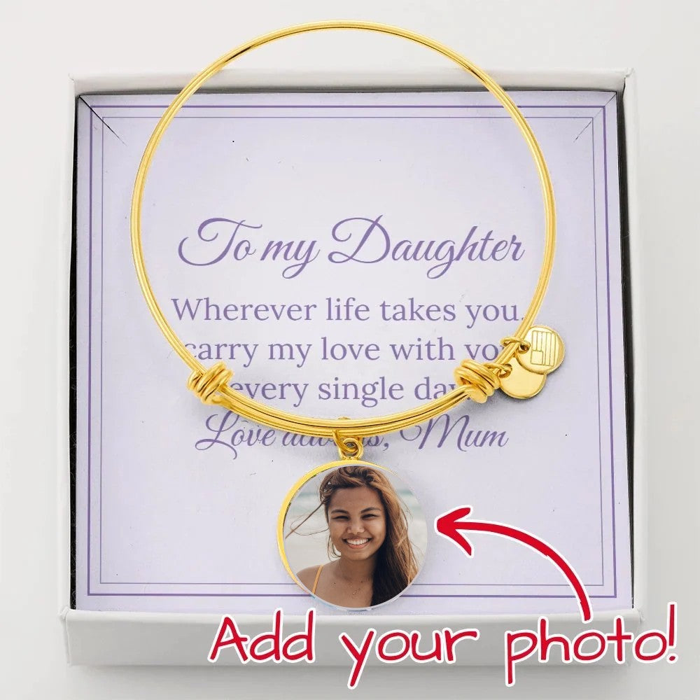 Gold Photo Circle Bangle for a daughter, with a photo of a smiling young woman