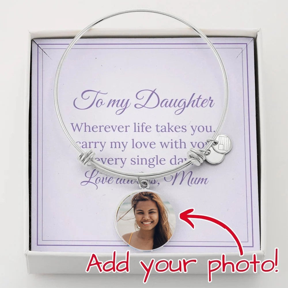 Silver Photo Circle Bangle for a daughter, with a photo of a smiling young woman
