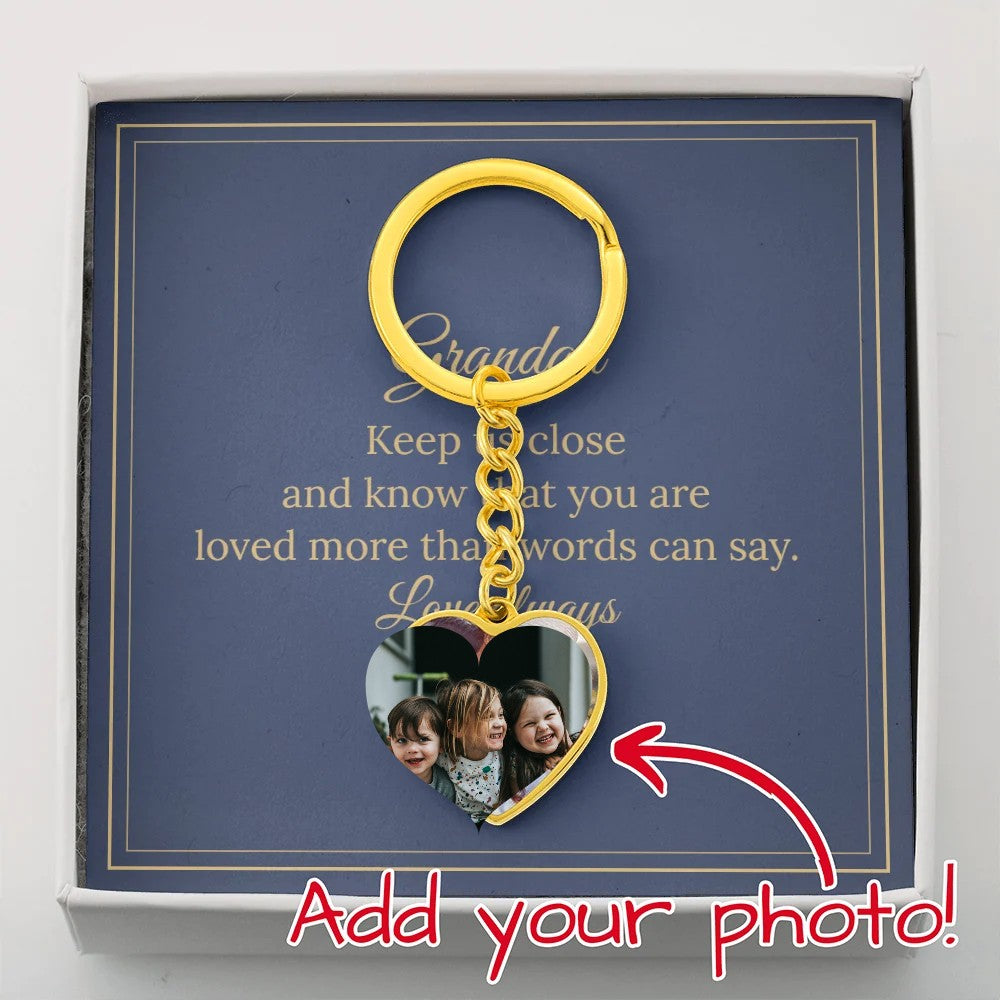 Gold photo heart keychain for Grandad in gift box