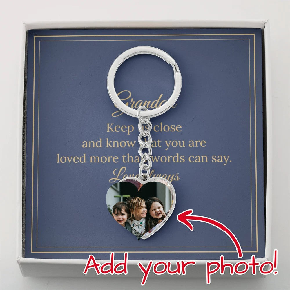 Silver photo heart keychain for Grandad in gift box