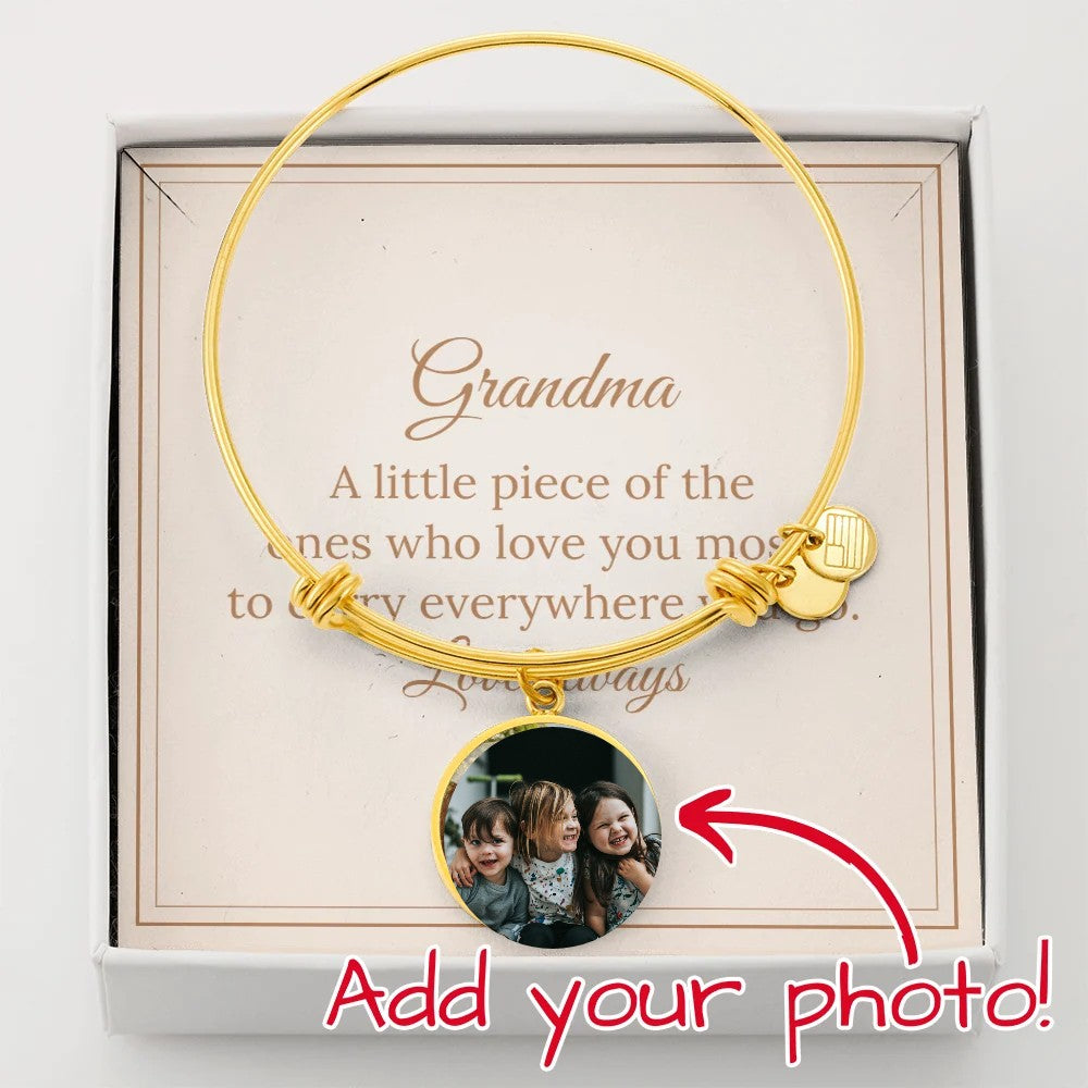 Photo Circle Bangle for Grandma in gold with a photo of grandchildren