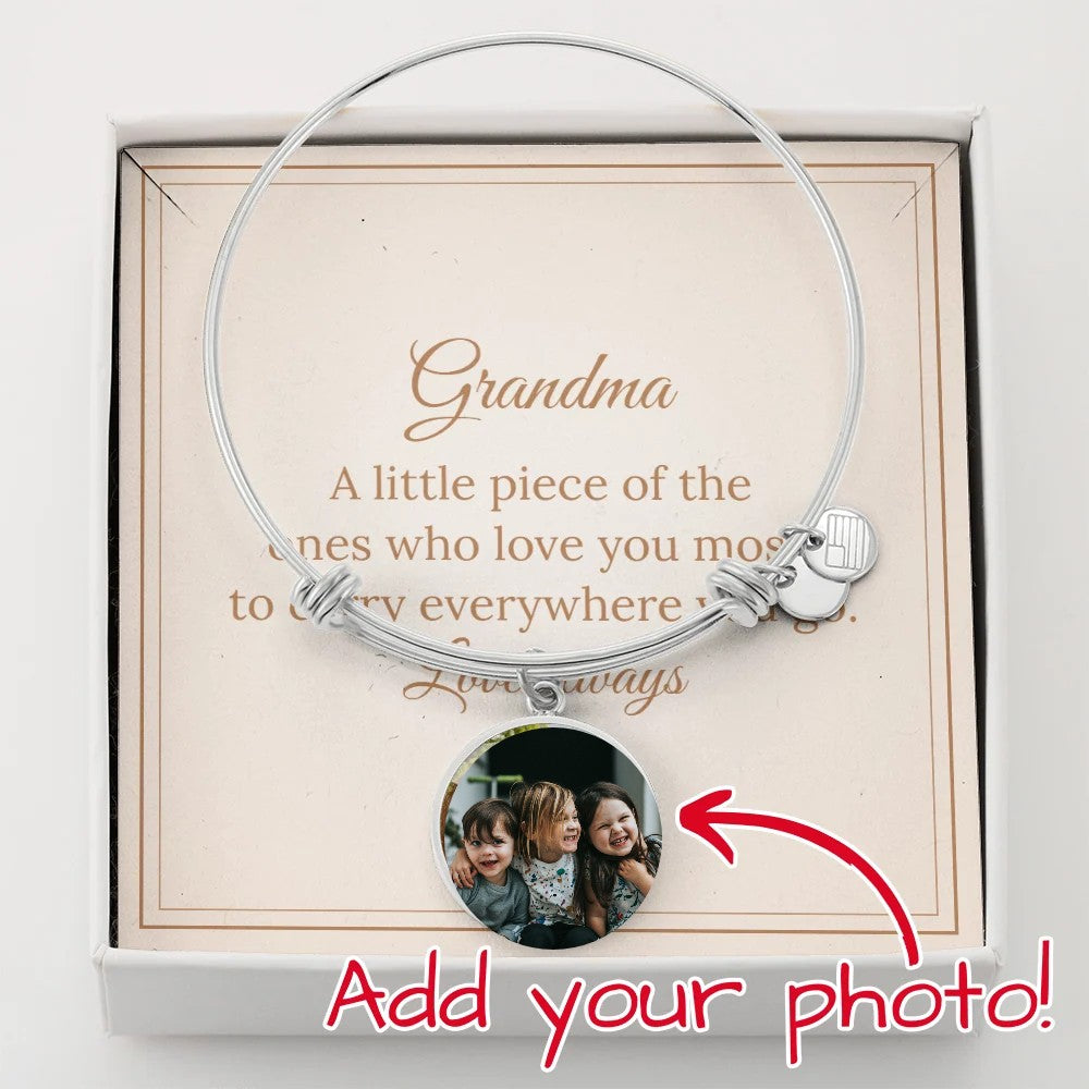 Photo Circle Bangle for Grandma in silver with a photo of grandchildren