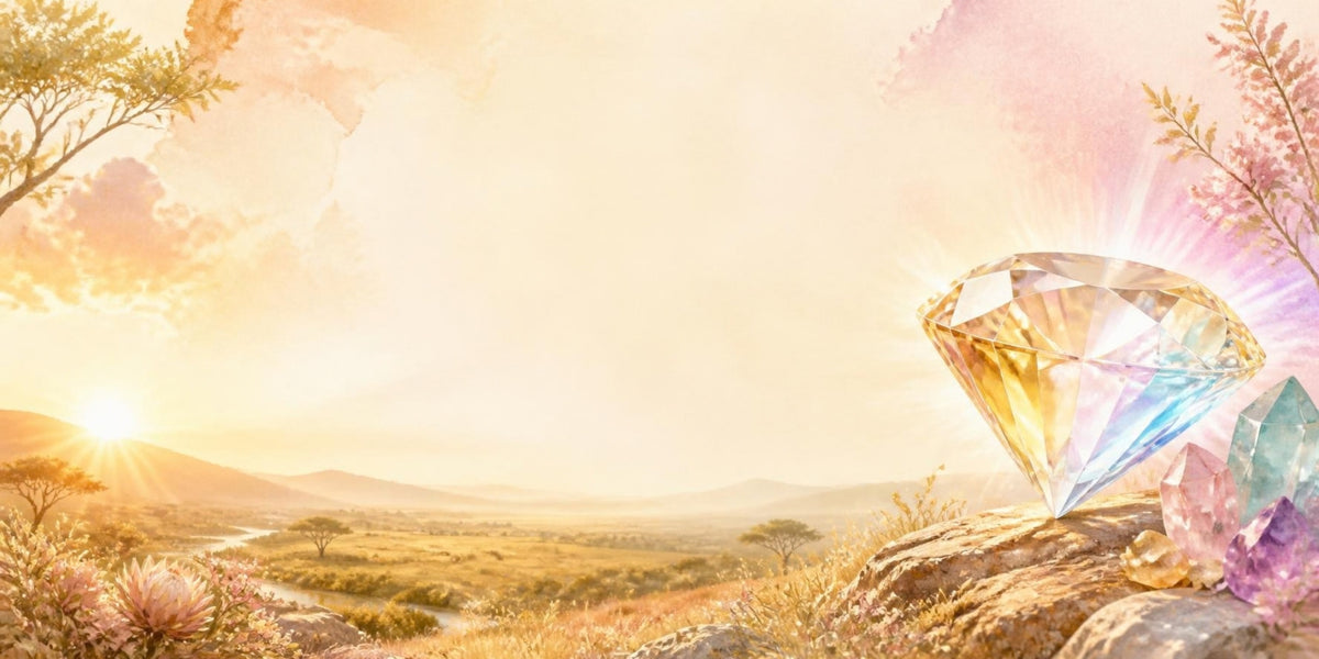 Sparkling gemstone diamond glowing over a sunny landscape