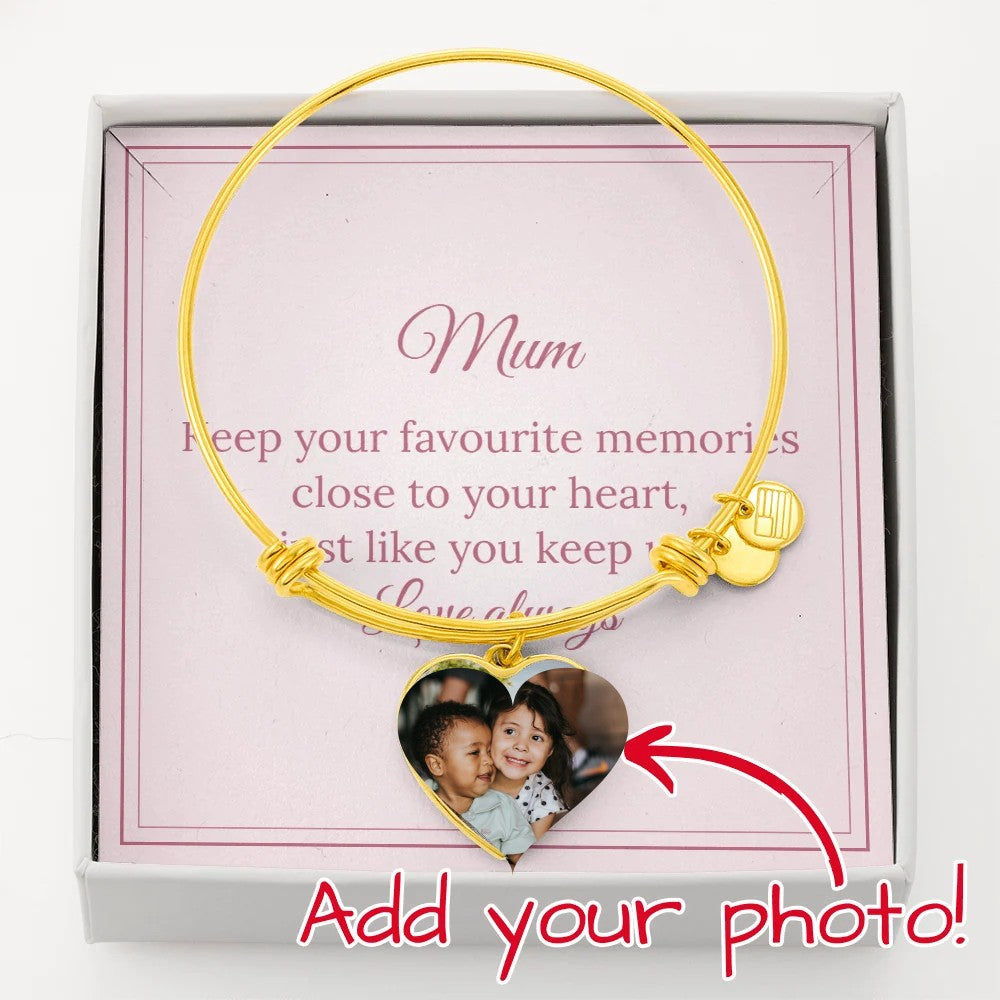 Photo Heart Bangle for Mum in gold, shown with a photo of children