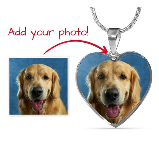 Pet photo heart necklace with a golden retriever photo