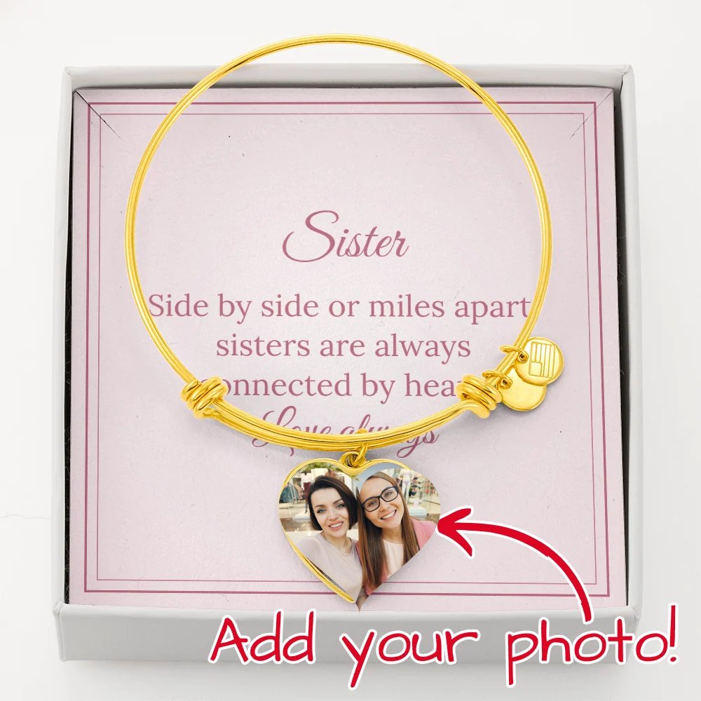Gold Photo Heart Bangle for a sister, with a photo of two sisters