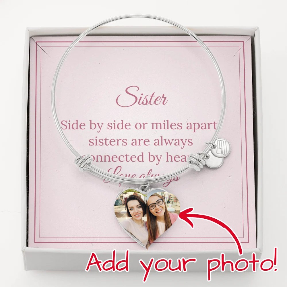 Silver Photo Heart Bangle for a sister, with a photo of two sisters