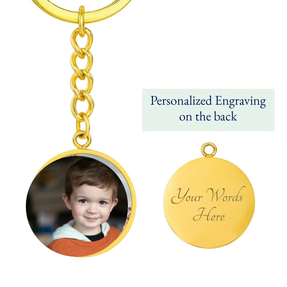 Gold photo keychain with engraved back