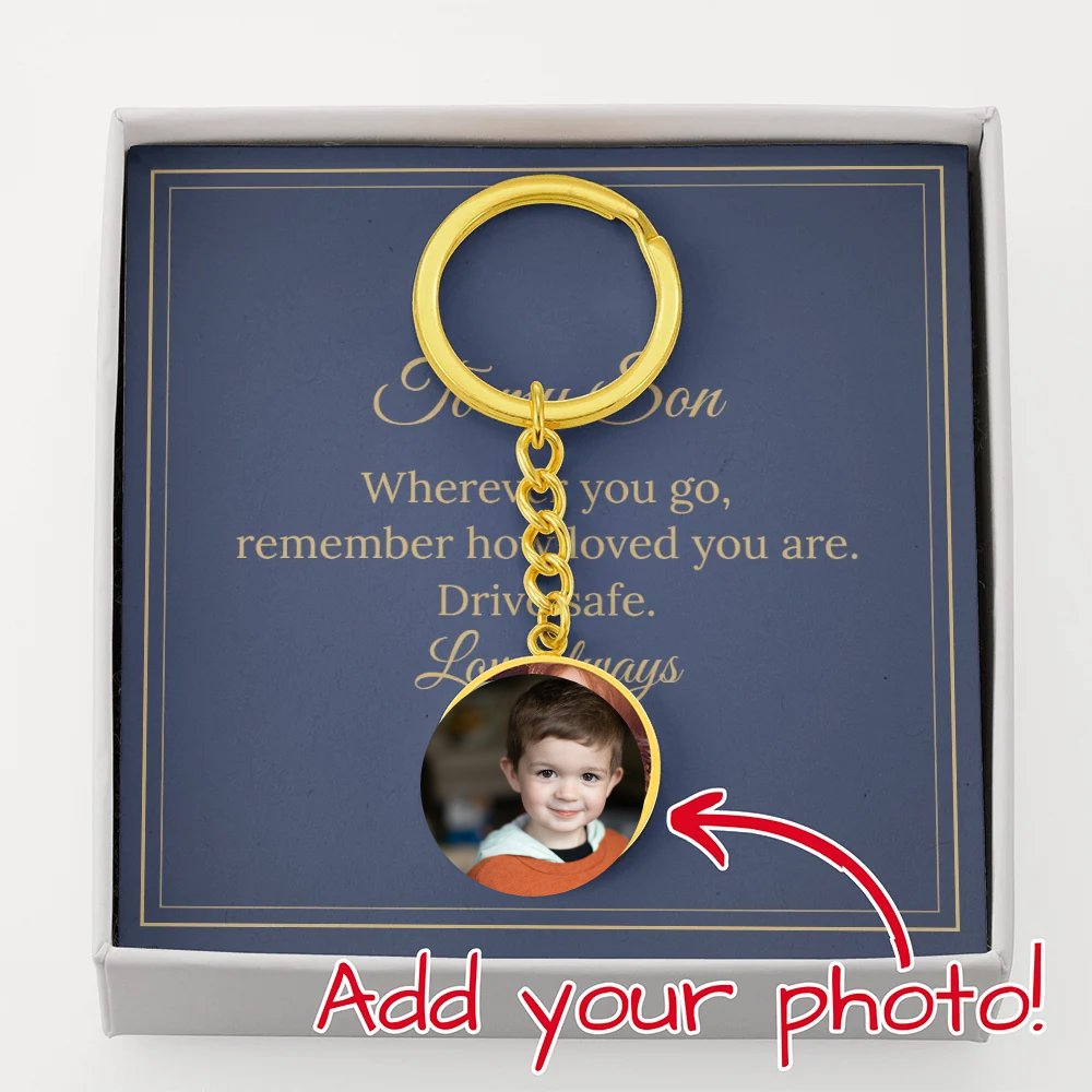 Gold photo keychain for a son in gift box