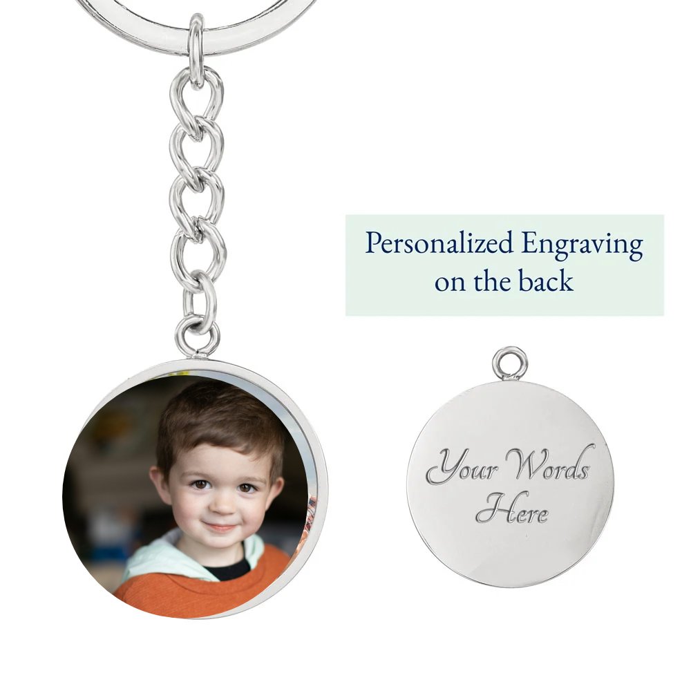 Silver photo keychain with engraved back