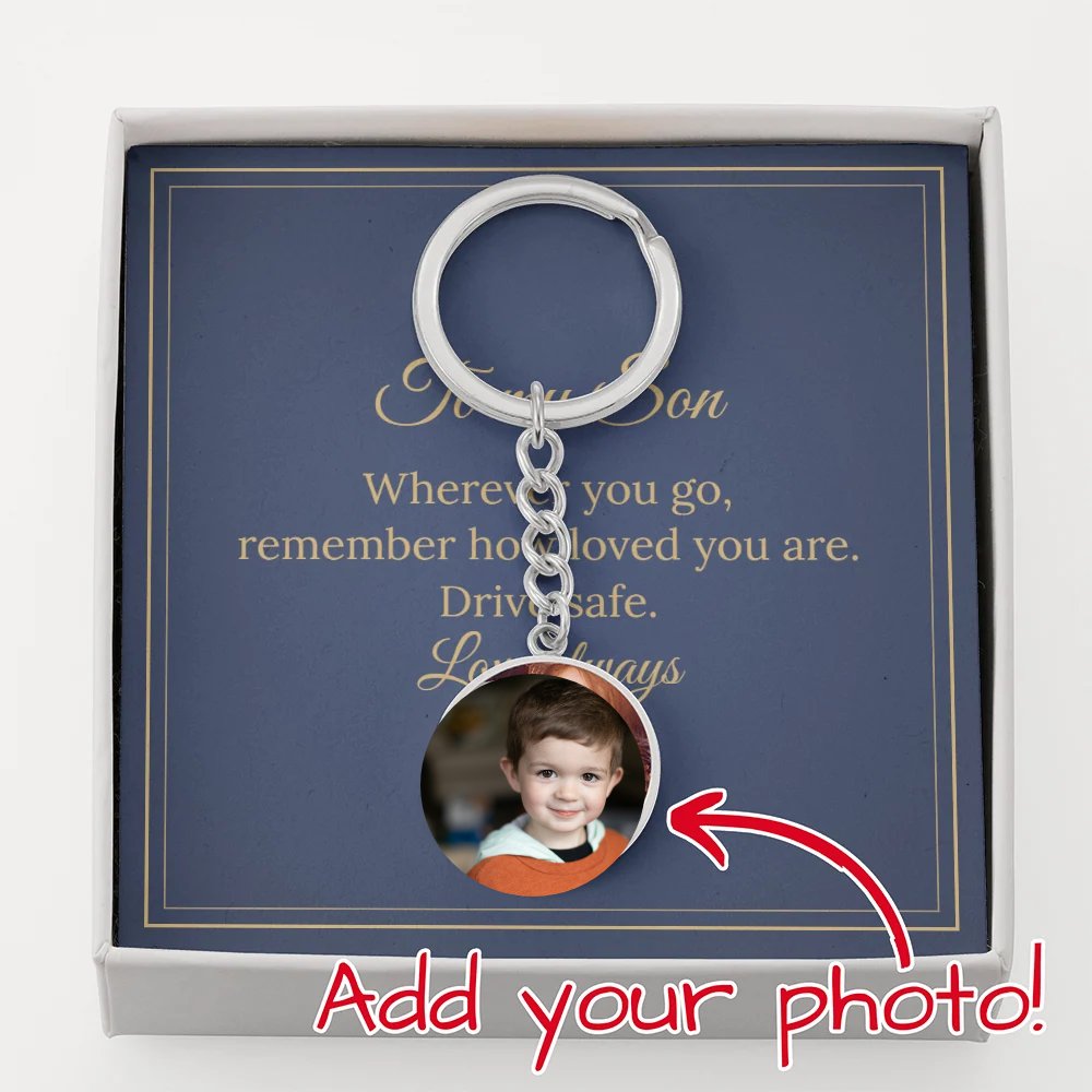 Silver photo keychain for a son in gift box